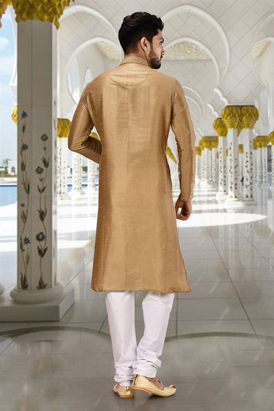 Brown Color Readymade Art Silk Fabric Kurta Pyjama For Men