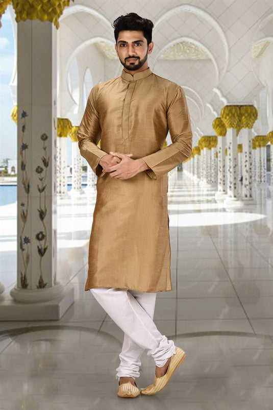 Brown Color Readymade Art Silk Fabric Kurta Pyjama For Men