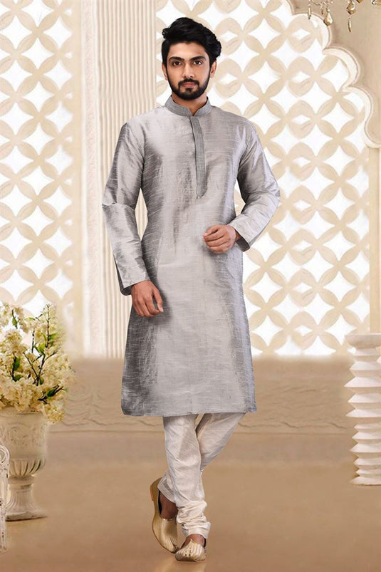 Grey Art Silk Graceful Readymade Men Kurta Pyjama For Festive Wear