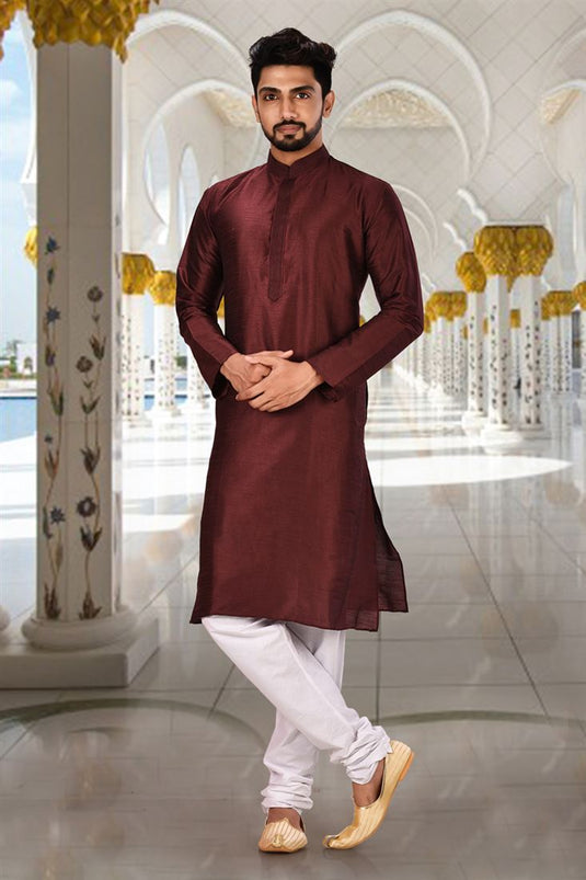 Wine Color Art Silk Fabric Function Wear Fancy Readymade Kurta Pyjama For Men