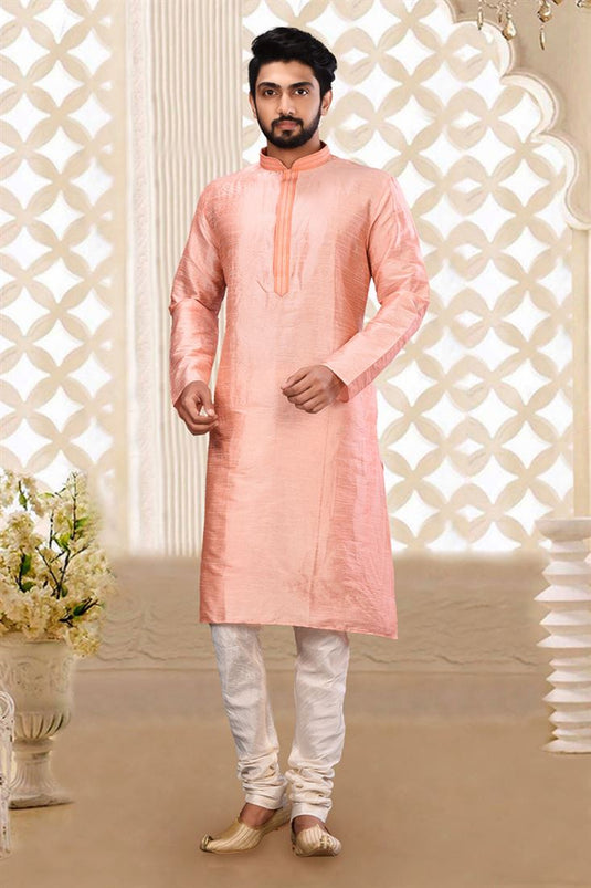 Art Silk Fabric Pink Color Festive Wear Trendy Readymade Men Kurta Pyjama