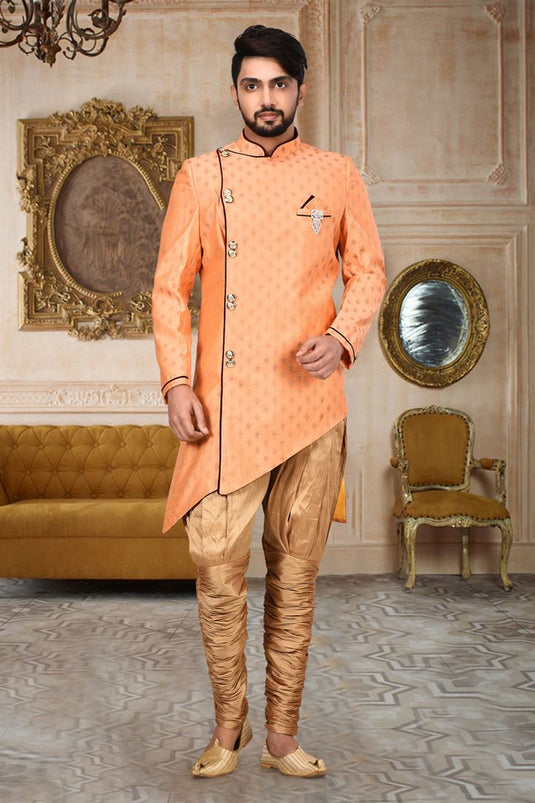 Peach Color Cotton Fabric Function Wear Readymade Indo Western For Men