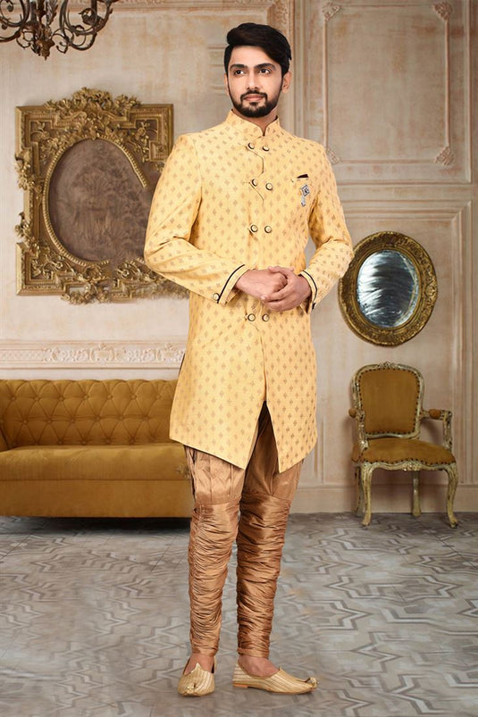 Cotton Fabric Yellow Color Wedding Wear Readymade Men Stylish Indo Western