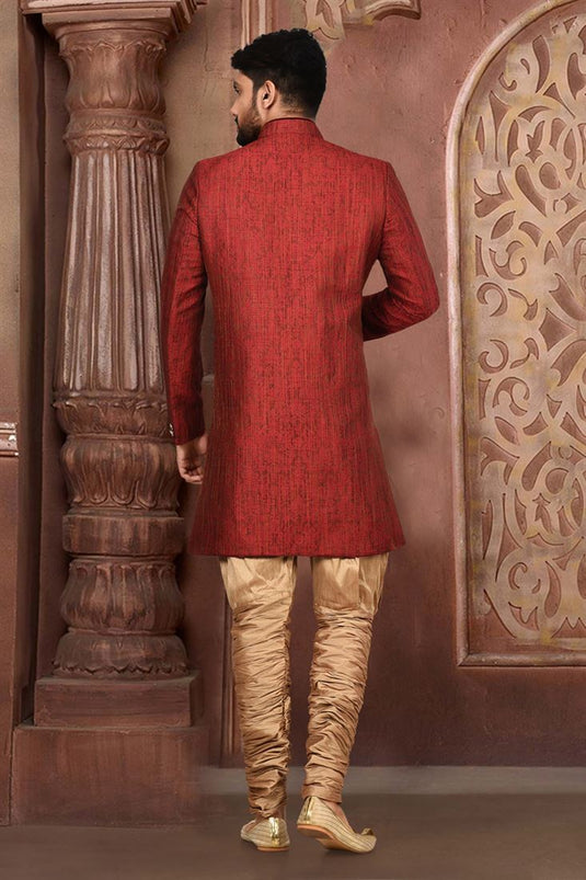 Red Fancy Fabric Sangeet Wear Trendy Readymade Indo Western For Men