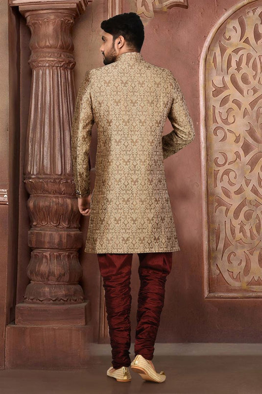 Beautiful Dark Beige Color Wedding Wear Readymade Indo Western For Men In Fancy Fabric