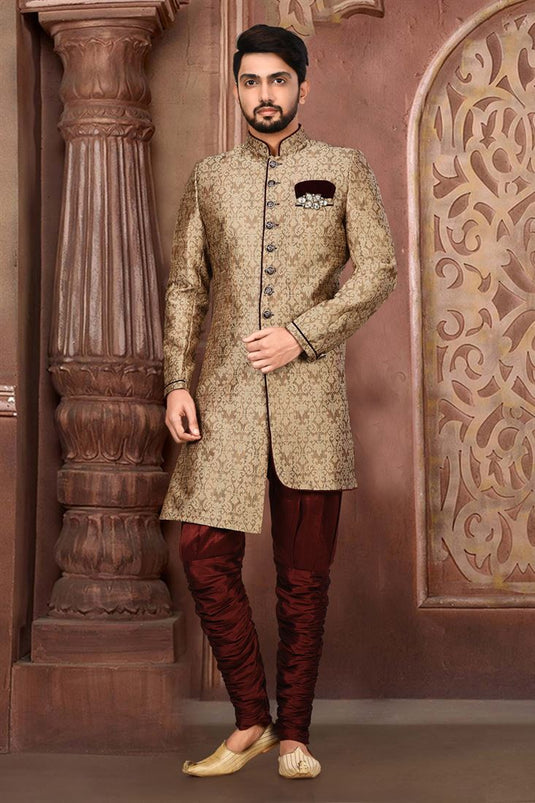 Beautiful Dark Beige Color Wedding Wear Readymade Indo Western For Men In Fancy Fabric