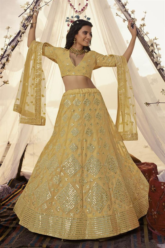 Exclusive Sangeet Wear Yellow Color Lehenga In Organza Fabric