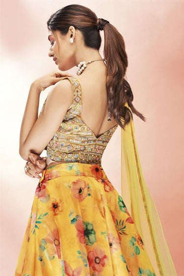 Exclusive Yellow Color Function Wear Soothing Floral Digital Printed Lehenga In Organza Fabric