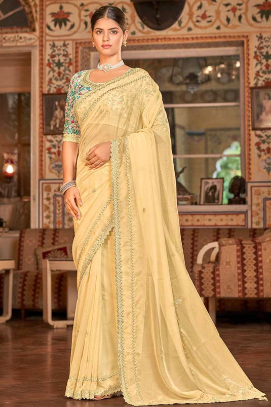 Organza Fabric Function Wear Beatific Saree In Yellow Color