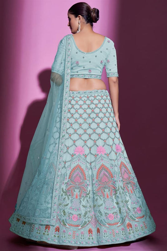 Komal Vora Sky Blue Color Georgette Fabric Magnificent Lehenga