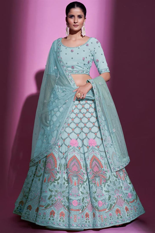 Komal Vora Sky Blue Color Georgette Fabric Magnificent Lehenga