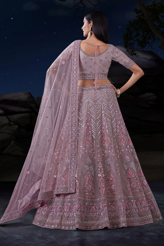 Phenomenal Sequins Work Lavender Color Net Fabric Bridal Lehenga In Wedding Wear