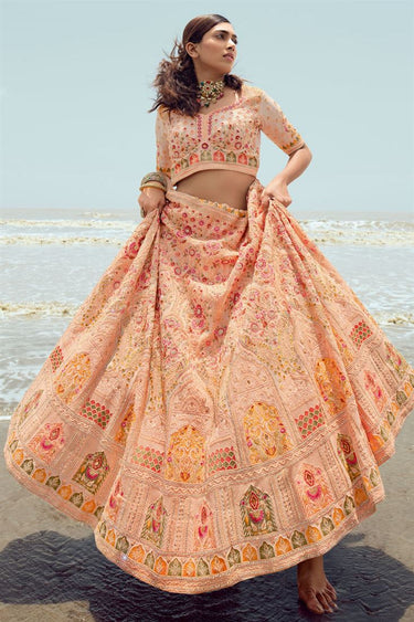 Elegant Georgette Fabric Peach Color Embroidered Lehenga