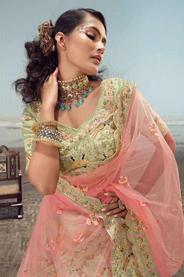 Beguiling Sea Green Color Embroidered Lehenga In Georgette Fabric