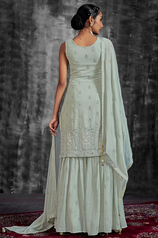 Sea Green Color Georgette Adorming Function Look Sharara Suit