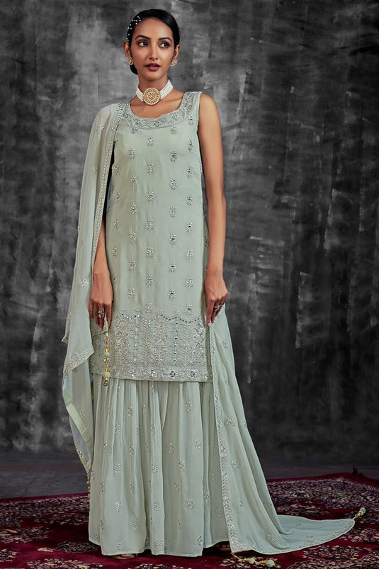 Sea Green Color Georgette Adorming Function Look Sharara Suit