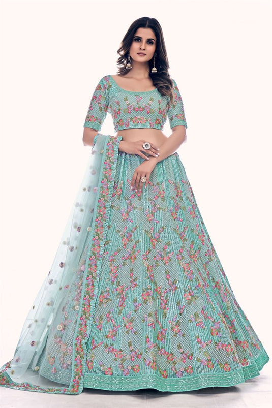 Incredible Net Fabric Sea Green Color Sequins Work Lehenga Choli