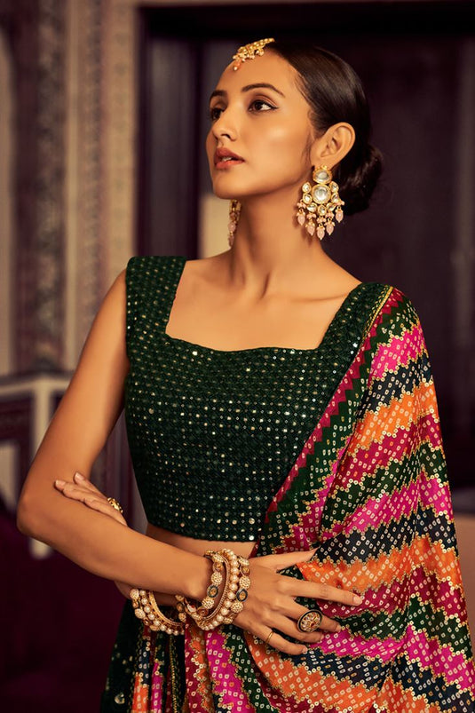 Georgette Dark Green Thread Work Lehenga Choli With Silk Dupatta