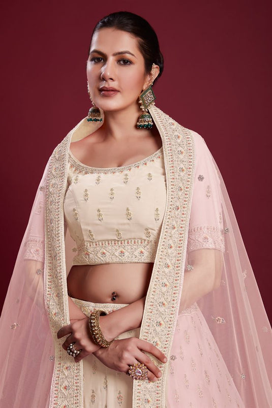 Elegant Georgette Off White Lehenga with Embroidered  for Traditional Events