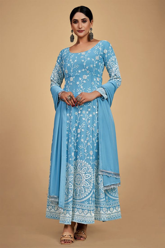 Georgette Fabric Sky Blue Color Glamorous Function Wear Anarkali Suit
