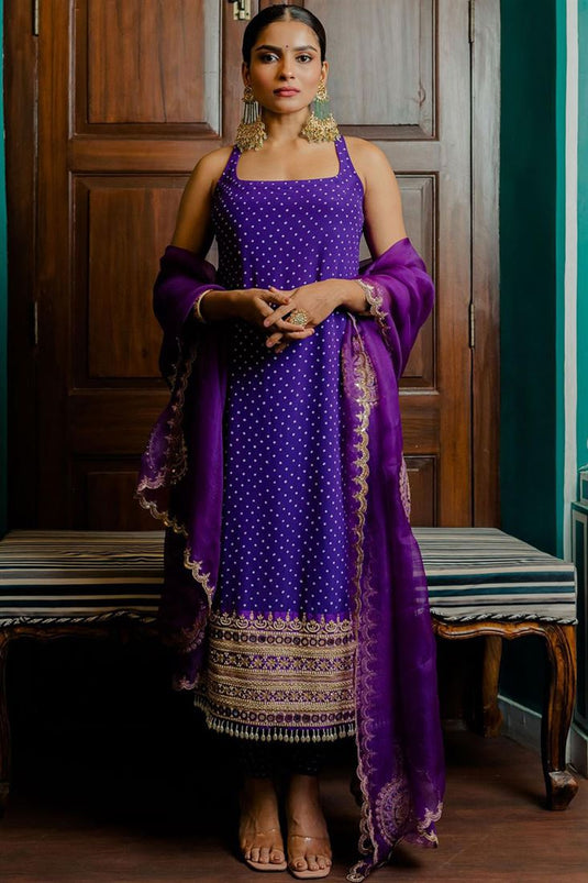 Purple Color Satin Fabric Charming Festival Wear Salwar Suit