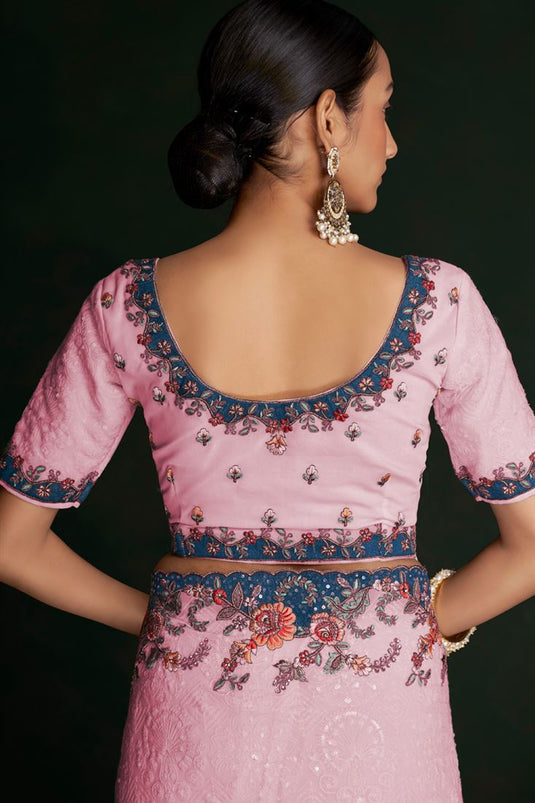 Exquisite Pink Georgette Saree with Lucknowi Work