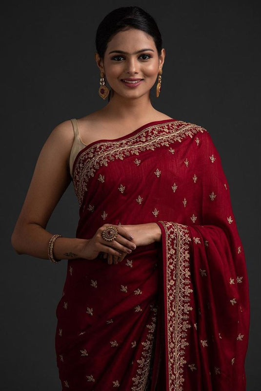 Party Look Art Silk Fabric Maroon Color Enticing Saree