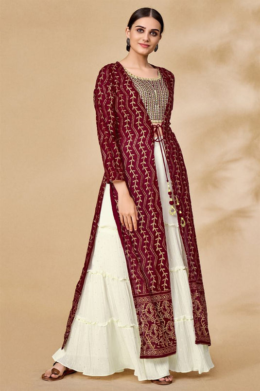 Georgette Fabric Maroon Color Excellent Sharara Suit With Jacket