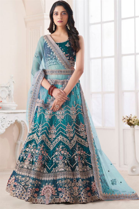 Tempting Art Silk Fabric Teal Color Lehenga Choli In Wedding Wear