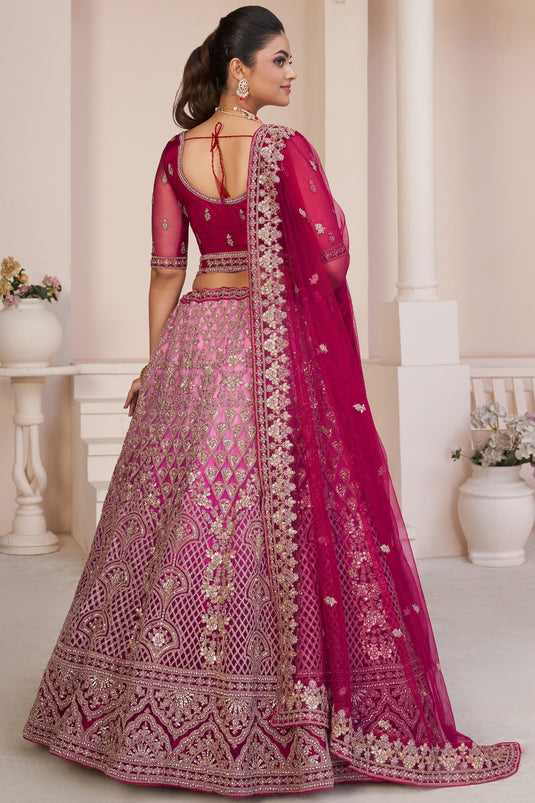 Net Fabric Red Color Bridal Lehenga Choli With Embroidery Work