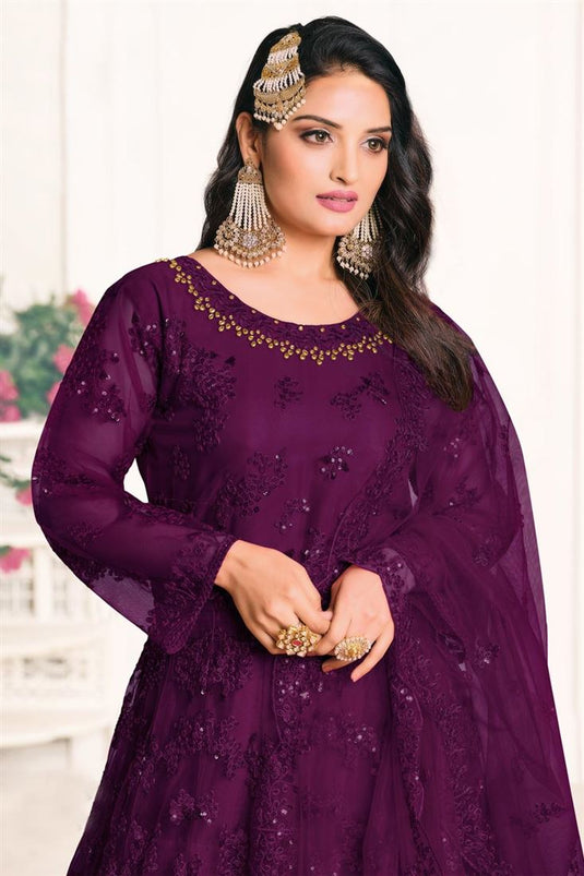 Embroidered Net Fabric Purple Color Function Wear Anarkali Salwar Suit