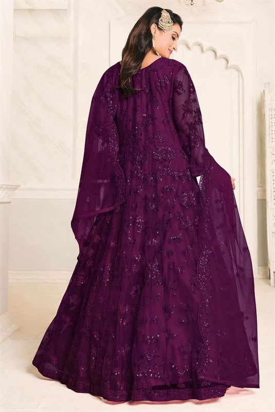 Embroidered Net Fabric Purple Color Function Wear Anarkali Salwar Suit