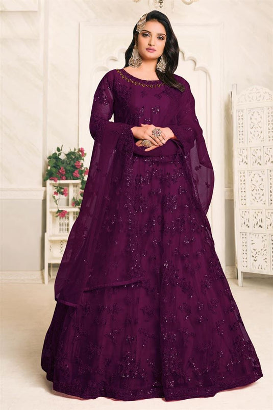 Embroidered Net Fabric Purple Color Function Wear Anarkali Salwar Suit