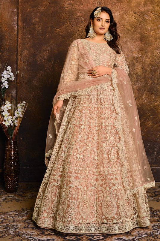 Peach Color Net Fabric Fancy Embroidery Work Wedding Wear Anarkali Salwar Kameez