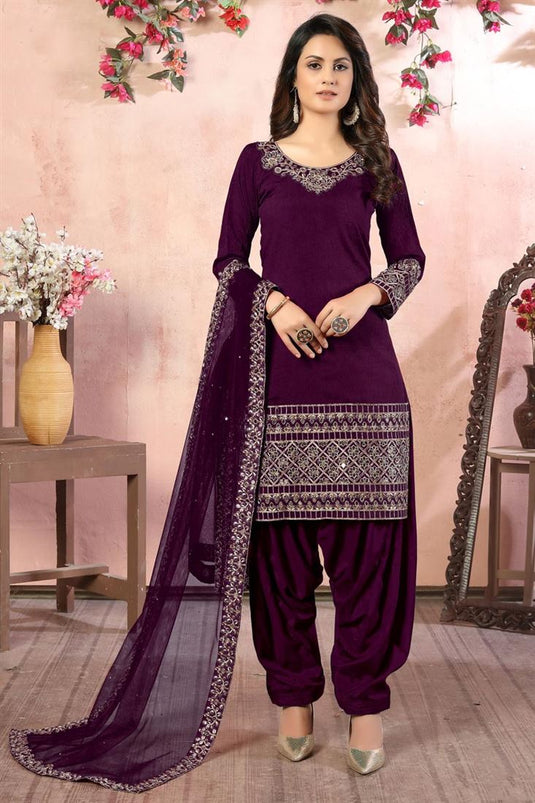 Art Silk Fabric Embroidery Work Festive Wear Trendy Patiala Salwar Kameez In Purple Color