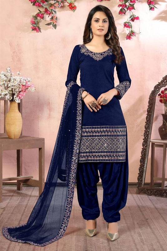 Embroidery Work Sangeet Wear Stylish Patiala Suit In Navy Blue Color Art Silk Fabric