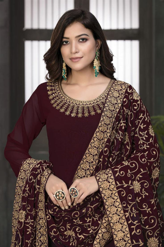 Georgette Fabric Wedding Wear Fancy Embroidered Anarkali Salwar Suit In Maroon Color