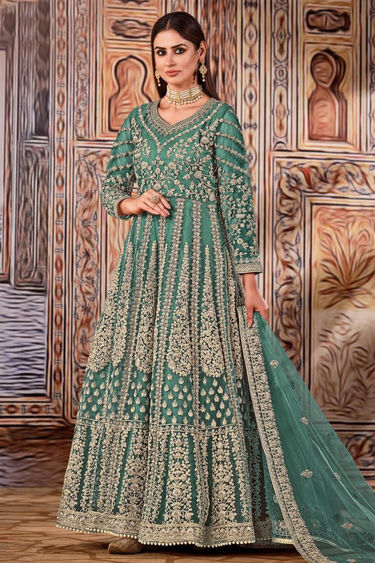 Cyan Color Function Wear Embroidered Net Fabric Anarkali Salwar Suit