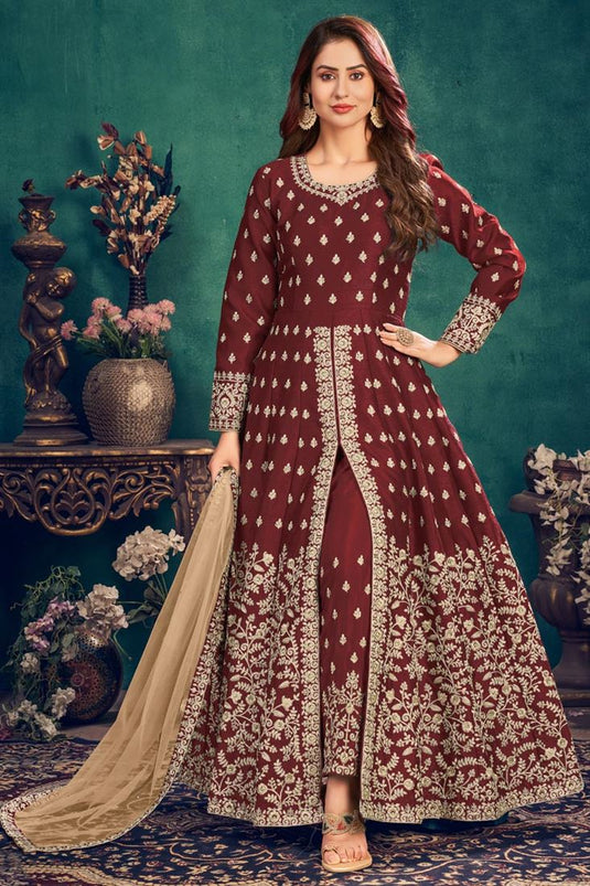 Maroon Color Art Silk Fabric Festive Wear Embroidered Anarkali Suit