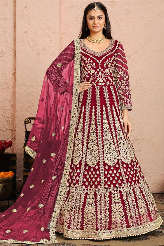 Maroon Color Net Fabric Sangeet Wear Embroidered Designer Anarkali Suit