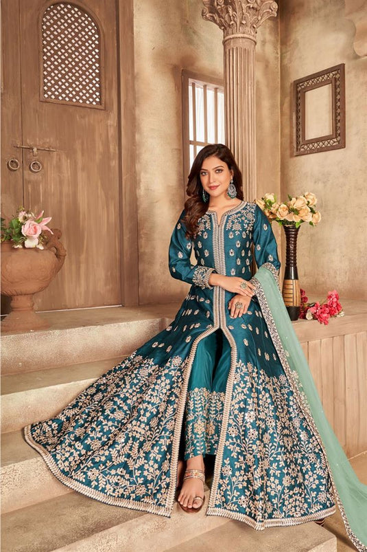 Looks Pretty Teal Art Silk Fabric Floor Length Anarkali Suit