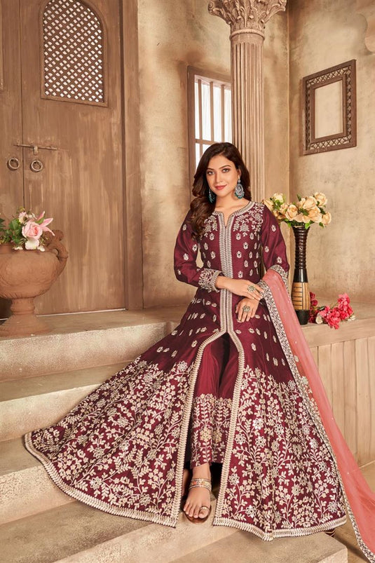 Maroon Embroidered Floor Length Anarkali Suit