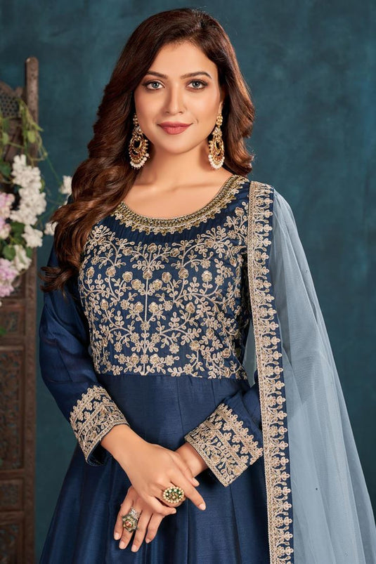 Navy Blue Color Sangeet Wear Art Sirk Fabric Embroidered Anarkali Suit With Net Dupatta