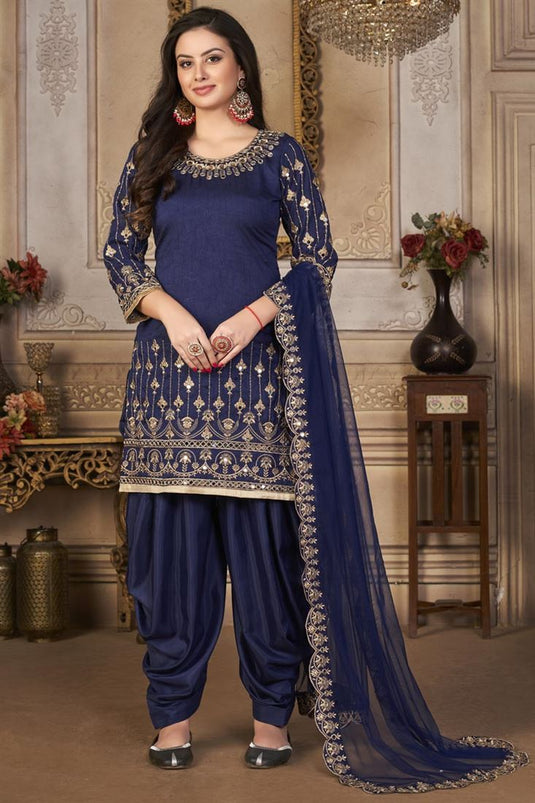 Navy Blue Color Art Silk Fabric Festive Look Tempting Patiala Suits