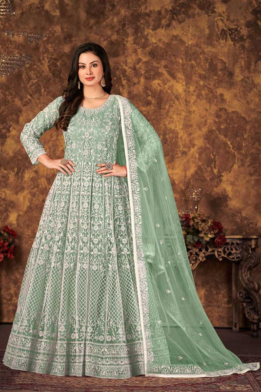 Tempting Net Fabric Sea Green Color Function Wear Anarkali Suit