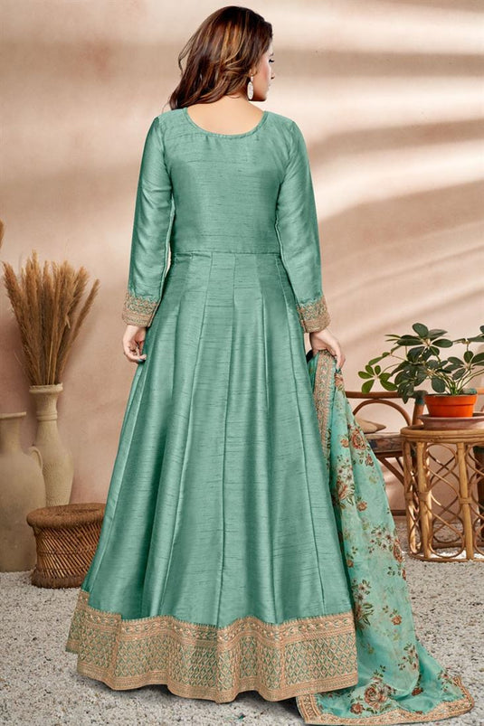 Glamorous Art Silk Fabric Sea Green Color Sangeet Wear Anarkali Suit