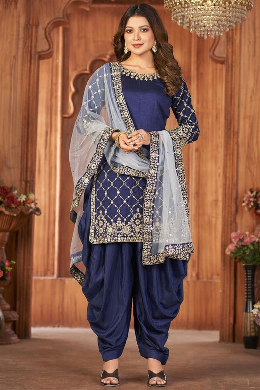 Festive Look Art Silk Fabric Navy Blue Color Supreme Patiala Suits