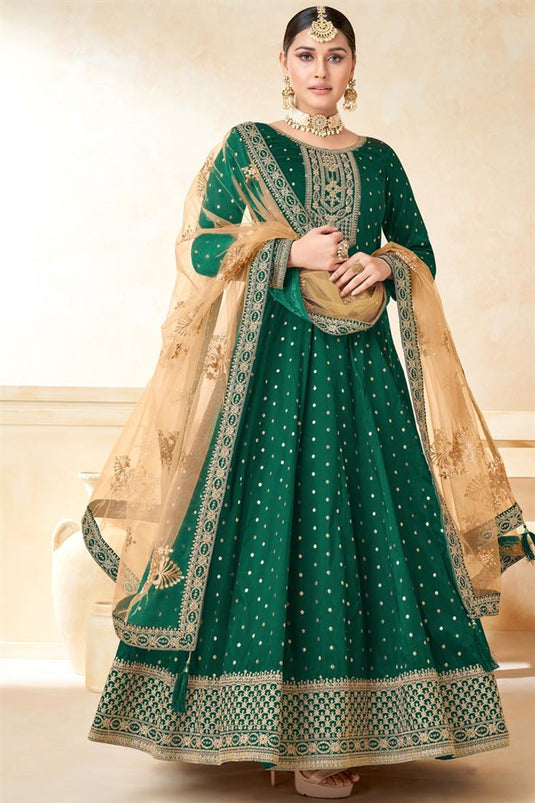 Fancy Fabric Superior Function Look Anarkali Suit In Green Color