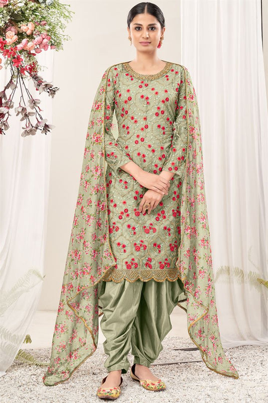 Net Fabric Olive Color Supreme Embroidered Patiala Suit