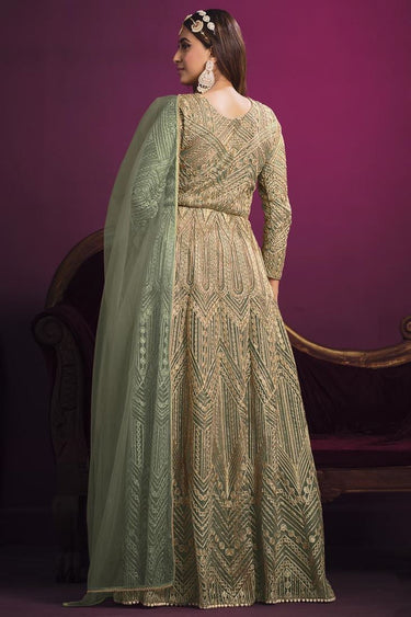 Sangeet Wear Sea Green Color Elegant Net Anarklai Suit